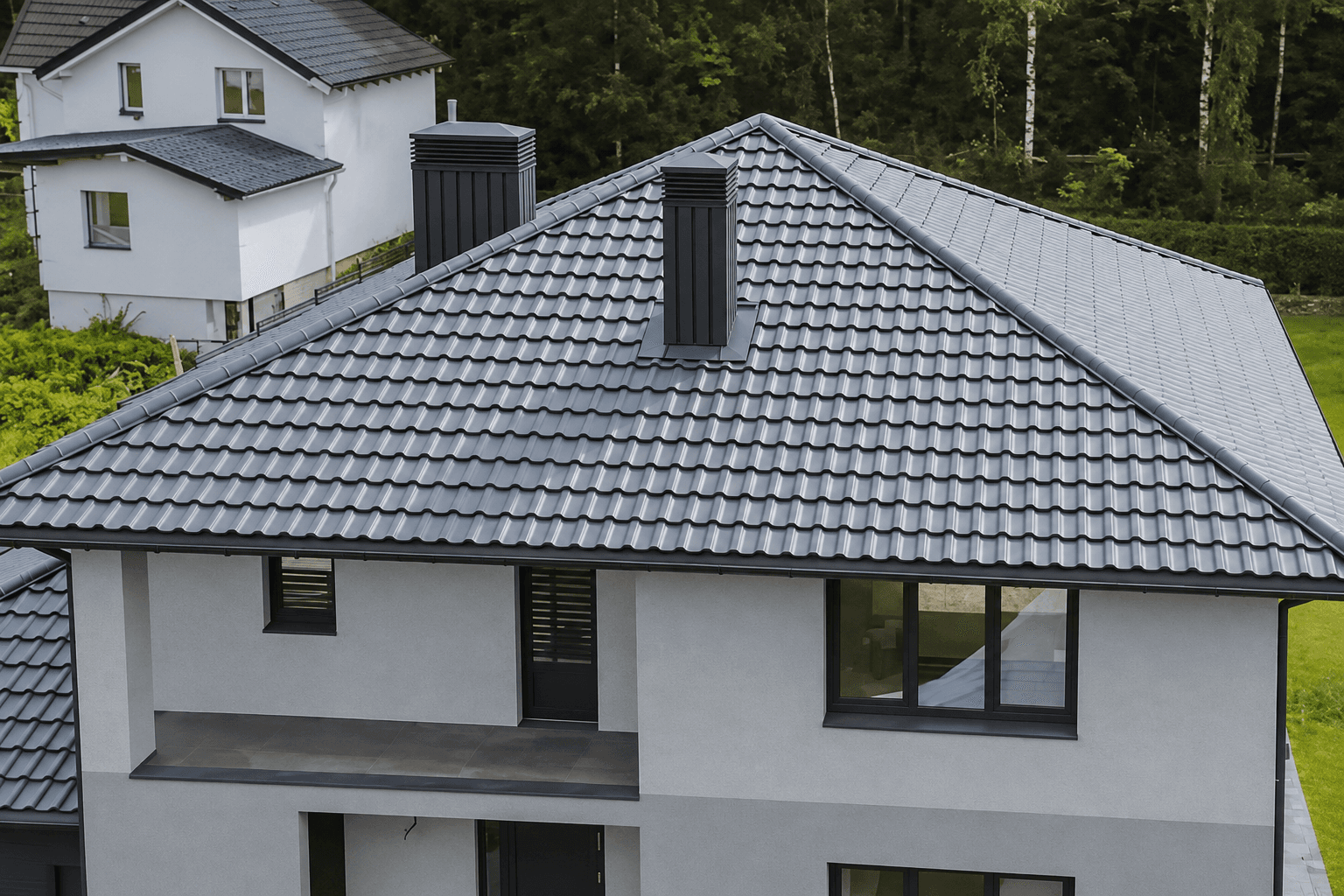 Wide graphite hipped roof with two dark chimney shrouds, birch and spruce woodland close behind the house